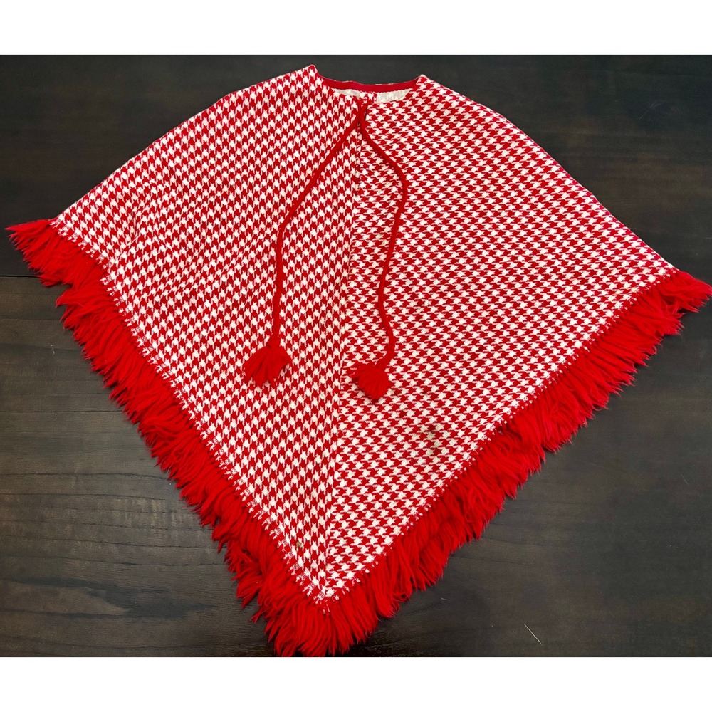 Vintage Unbranded Poncho Houndstooth Fringe Tassel Cream Red Retro Boho One Size - Picture 1 of 6